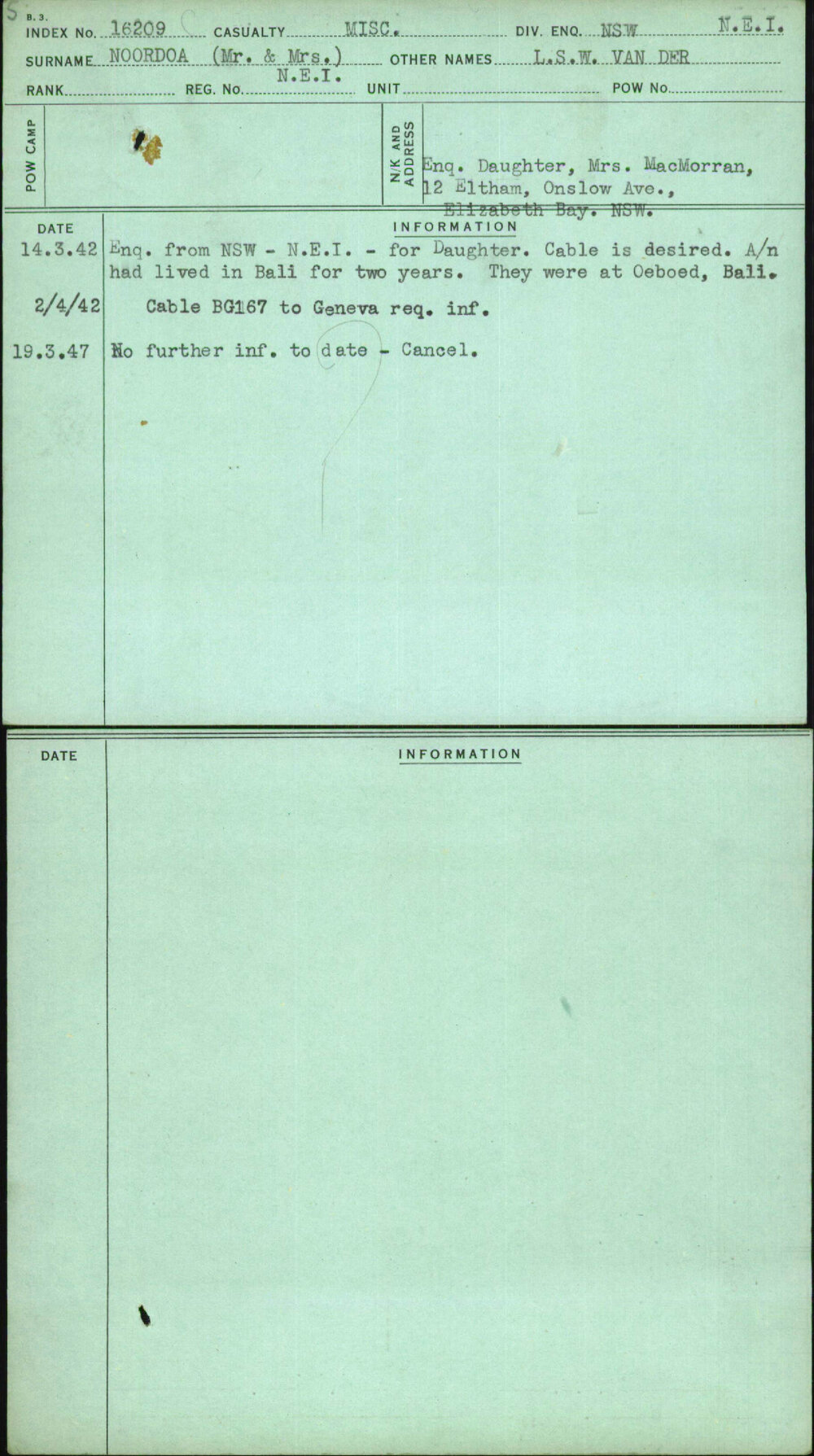 Noordoa (Mr &amp; Mrs), L S W Van Der, [No Service Number]