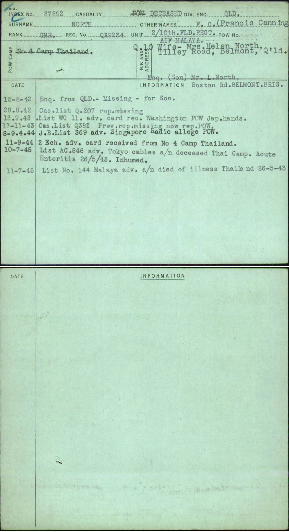 North, F C (Francis Canning, QX9234