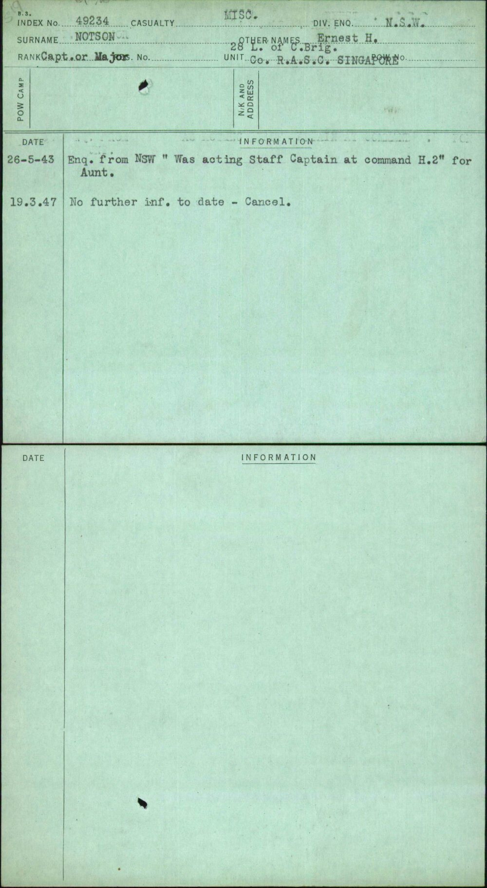 Notson, Ernest H, [No Service Number]