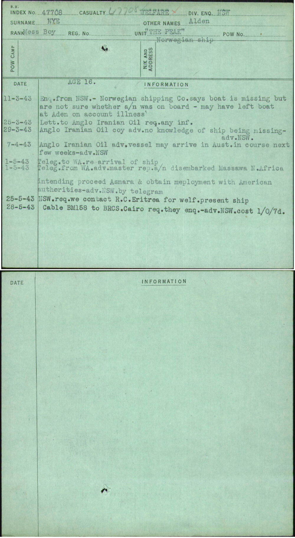 Nye, Alden, [No Service Number]