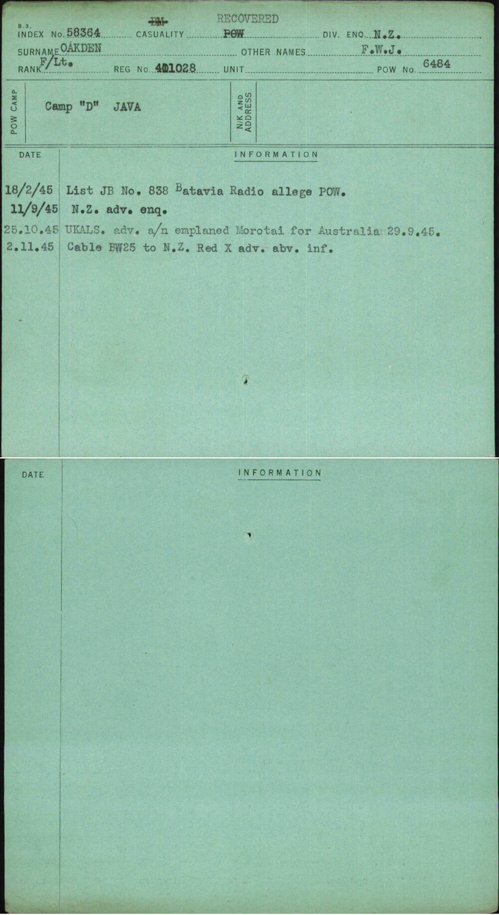 Oakden, F W J, 401028