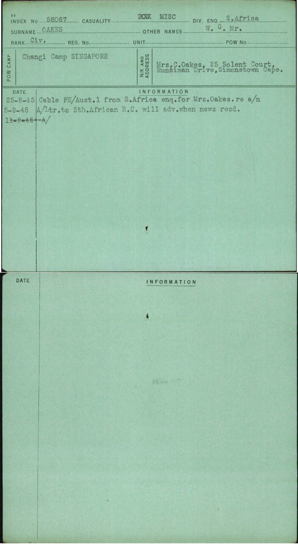 Oakes, W G Mr, [No Service Number]