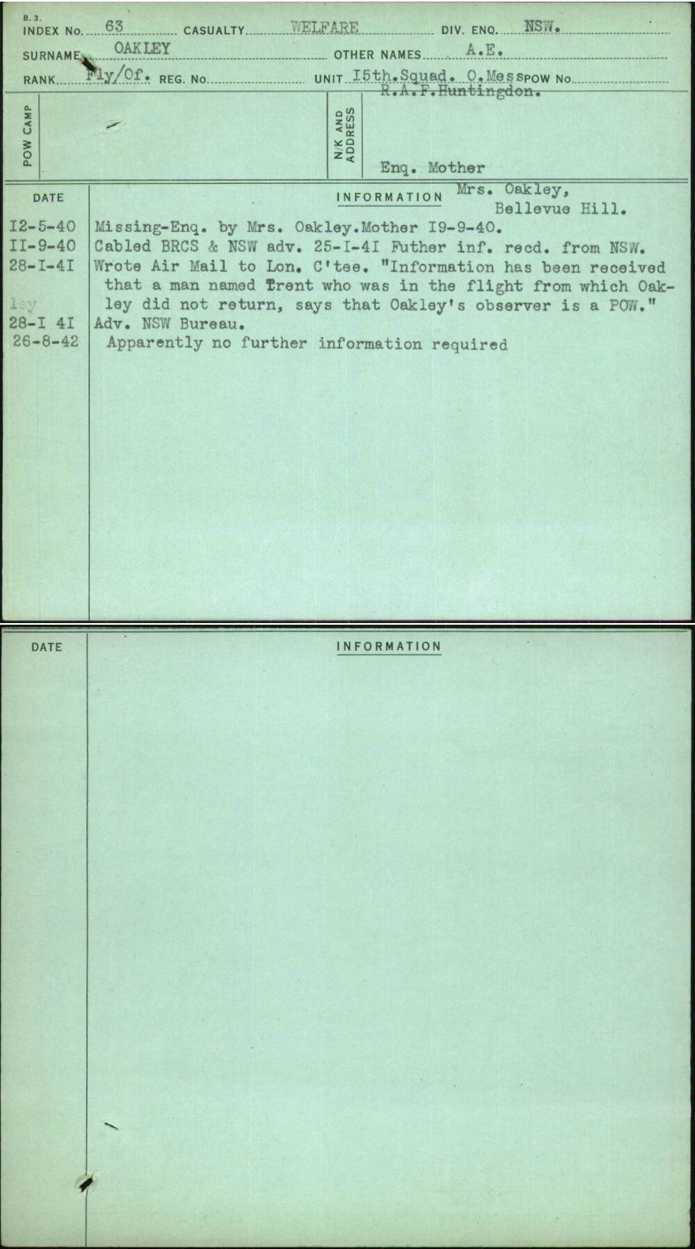 Oakley, A E, [No Service Number]