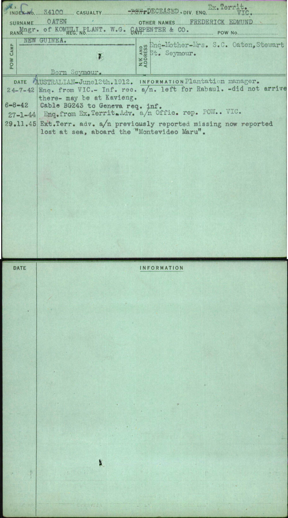 Oaten, Frederick Edmund, [No Service Number]