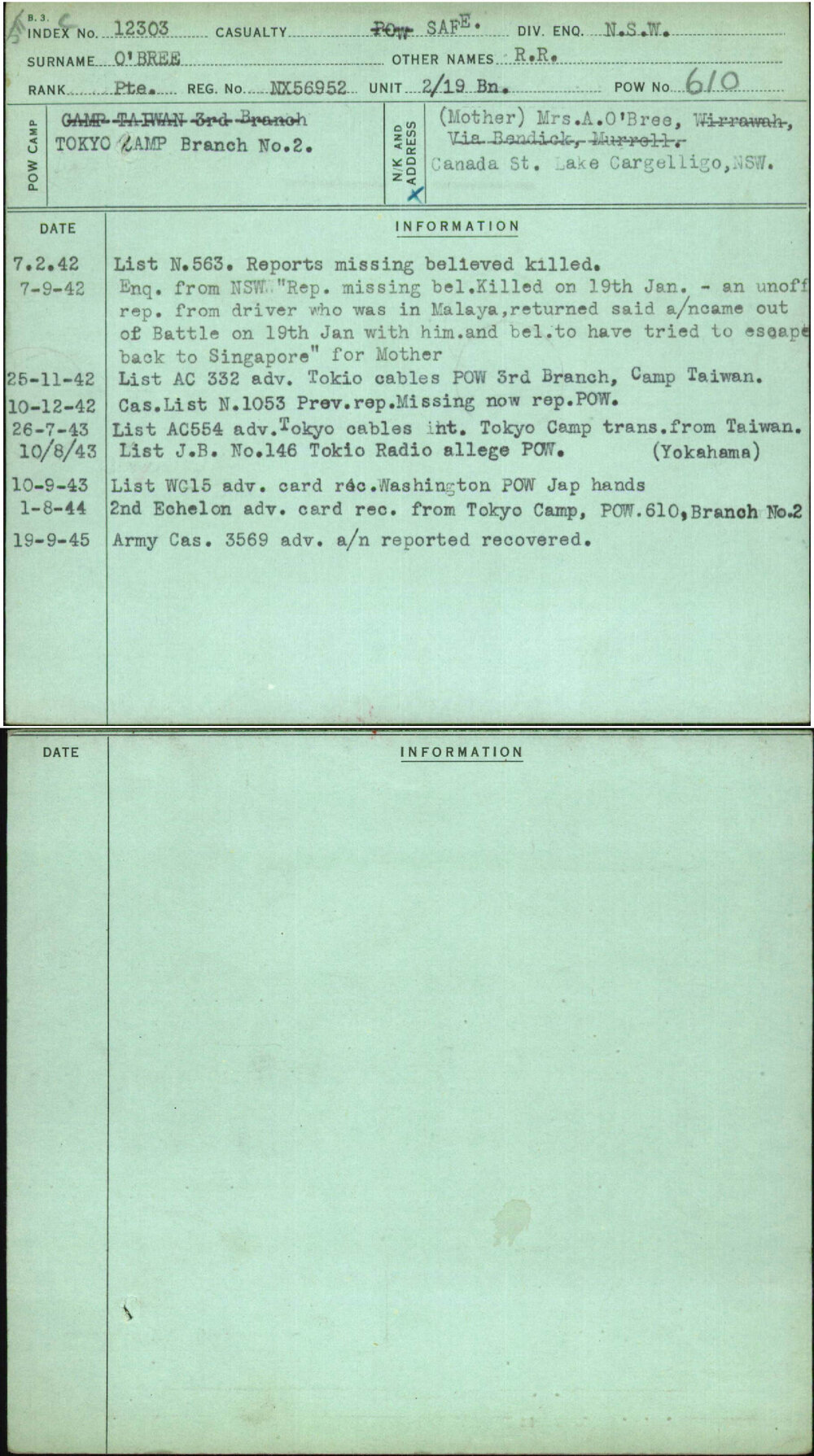 O'Bree, R R, NX56952