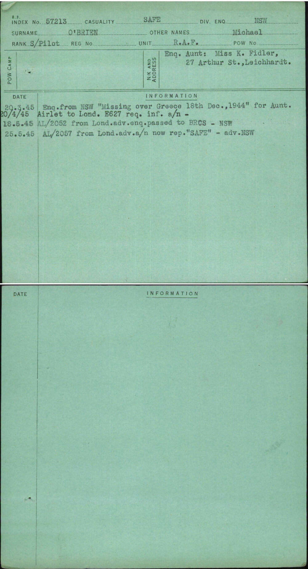 O'Brien, Michael, [No Service Number]