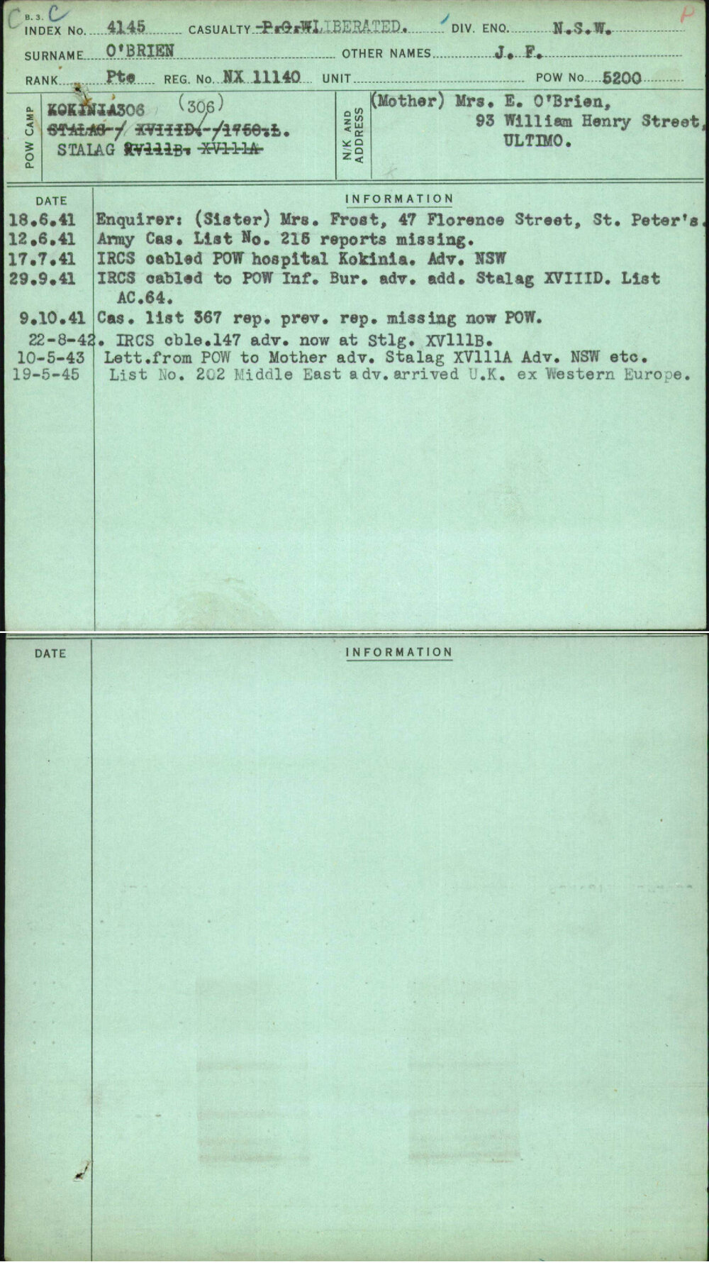 O'Brien, J F, NX11140