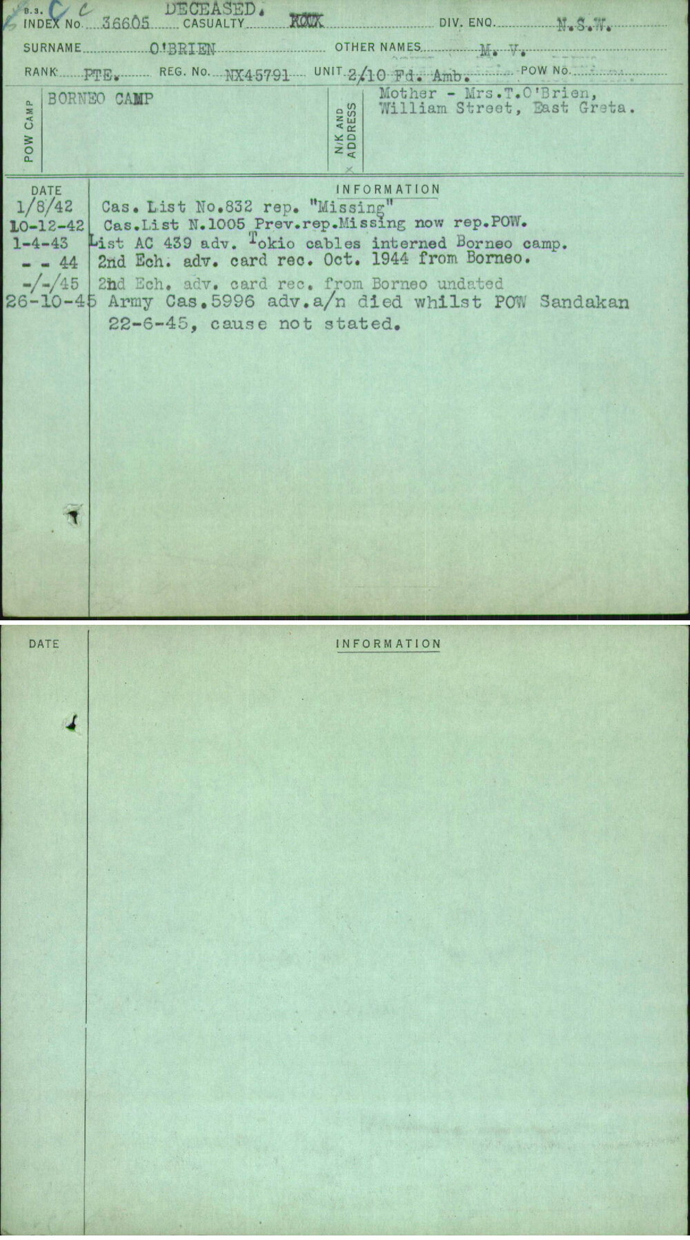 O'Brien, M V, NX45791