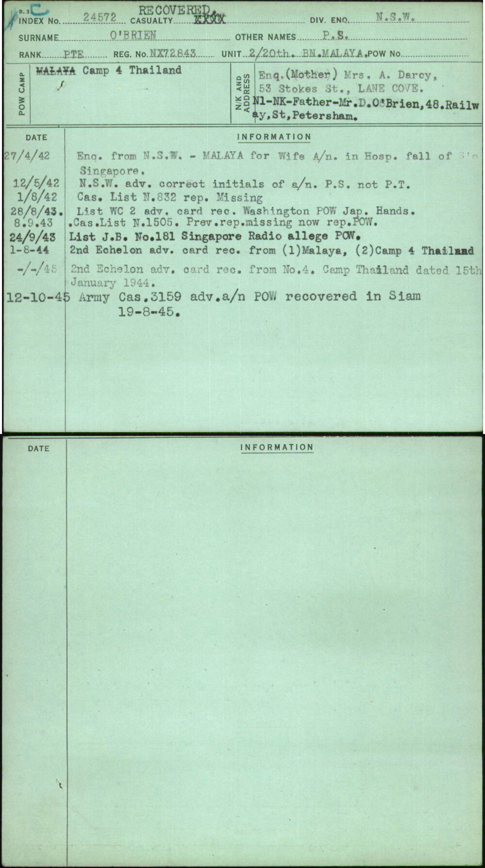 O'Brien, P S, NX72843