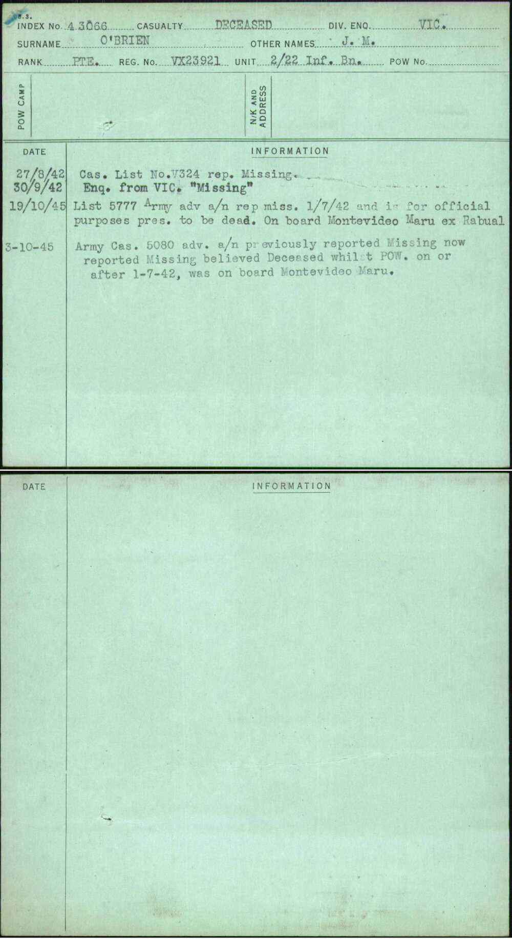 O'Brien, J M, VX23921