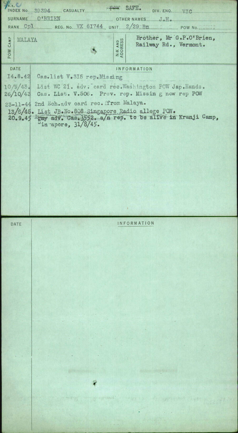 O'Brien, J H, VX61744