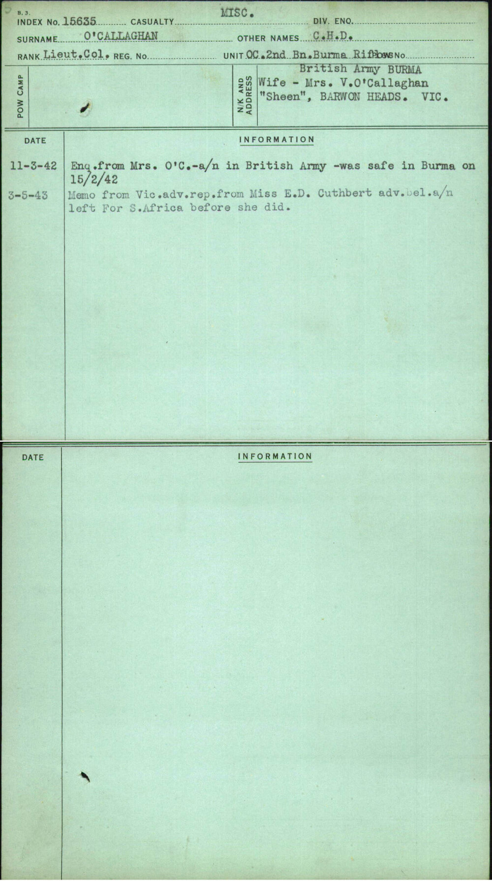 O'Callaghan, C H D, [No Service Number]