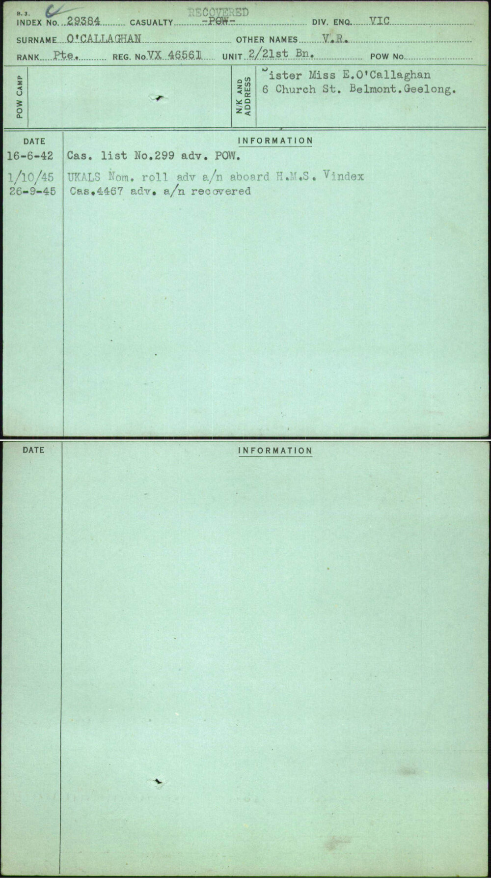 O'Callaghan, V R, VX46561