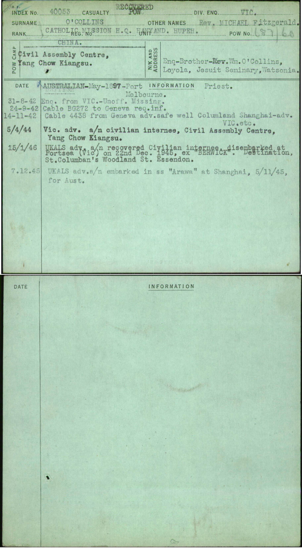 O'Collins, Rev Michael Fitzgerald, [No Service Number]