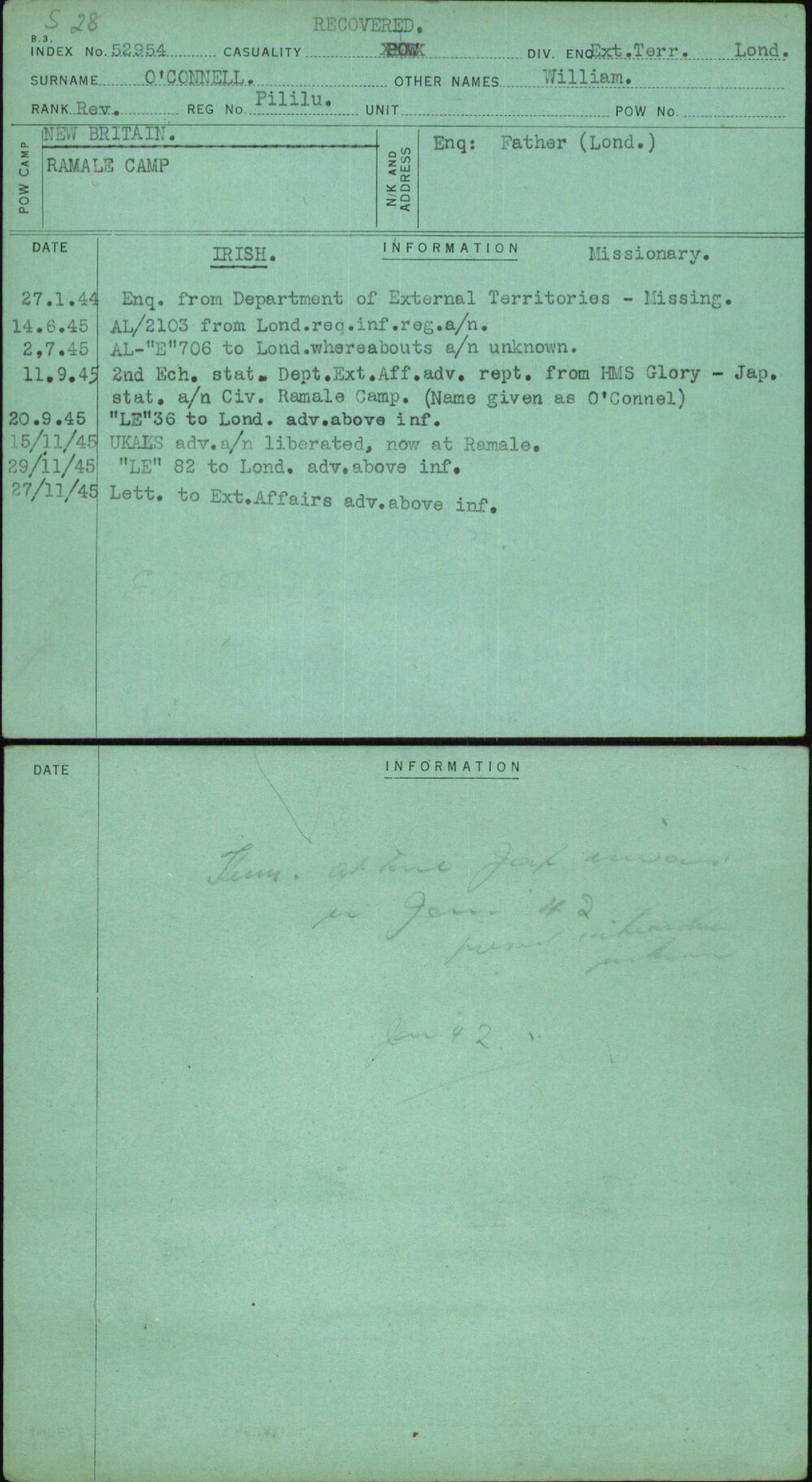 O'Connell, William, Pililu