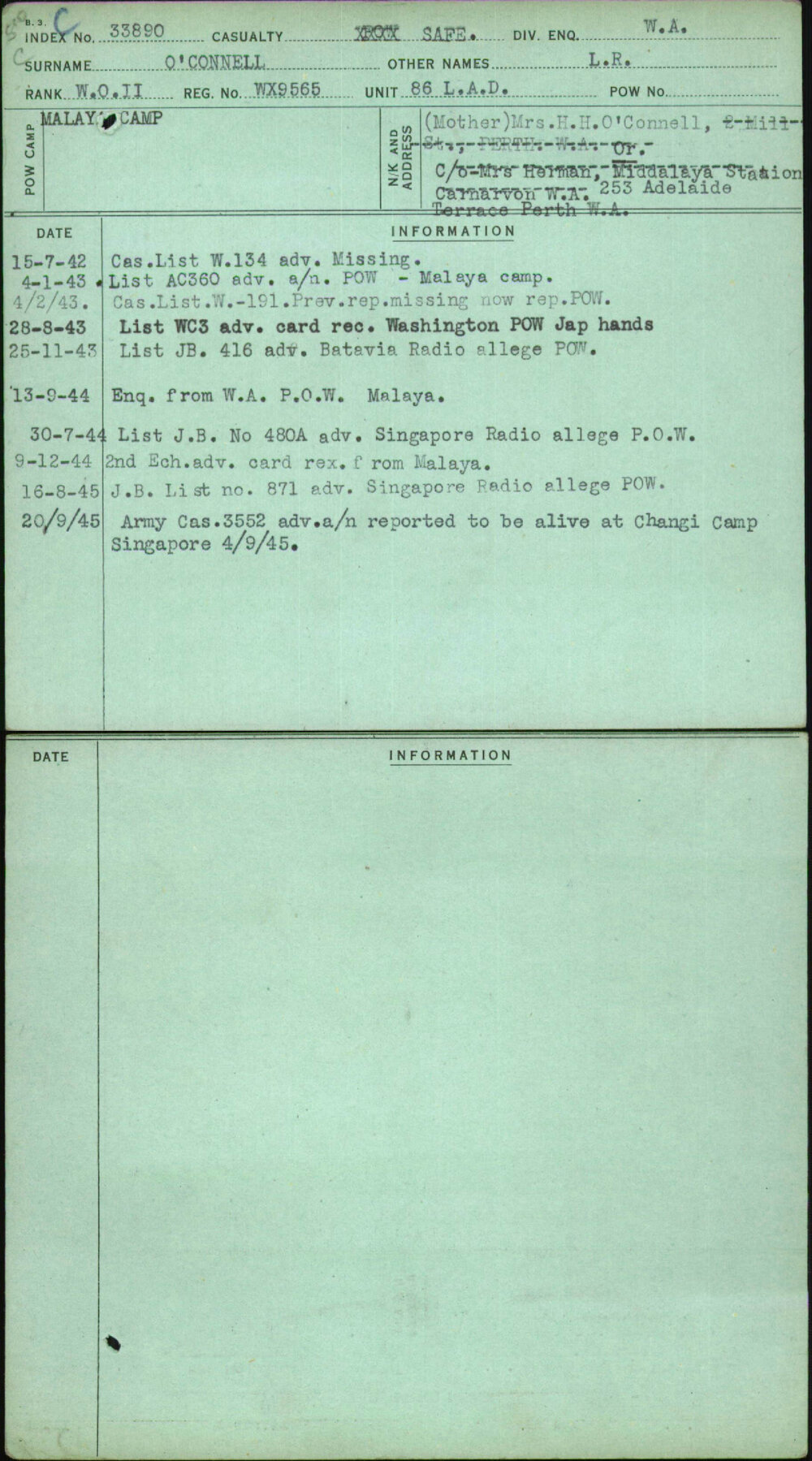 O'Connell, L R, WX9565