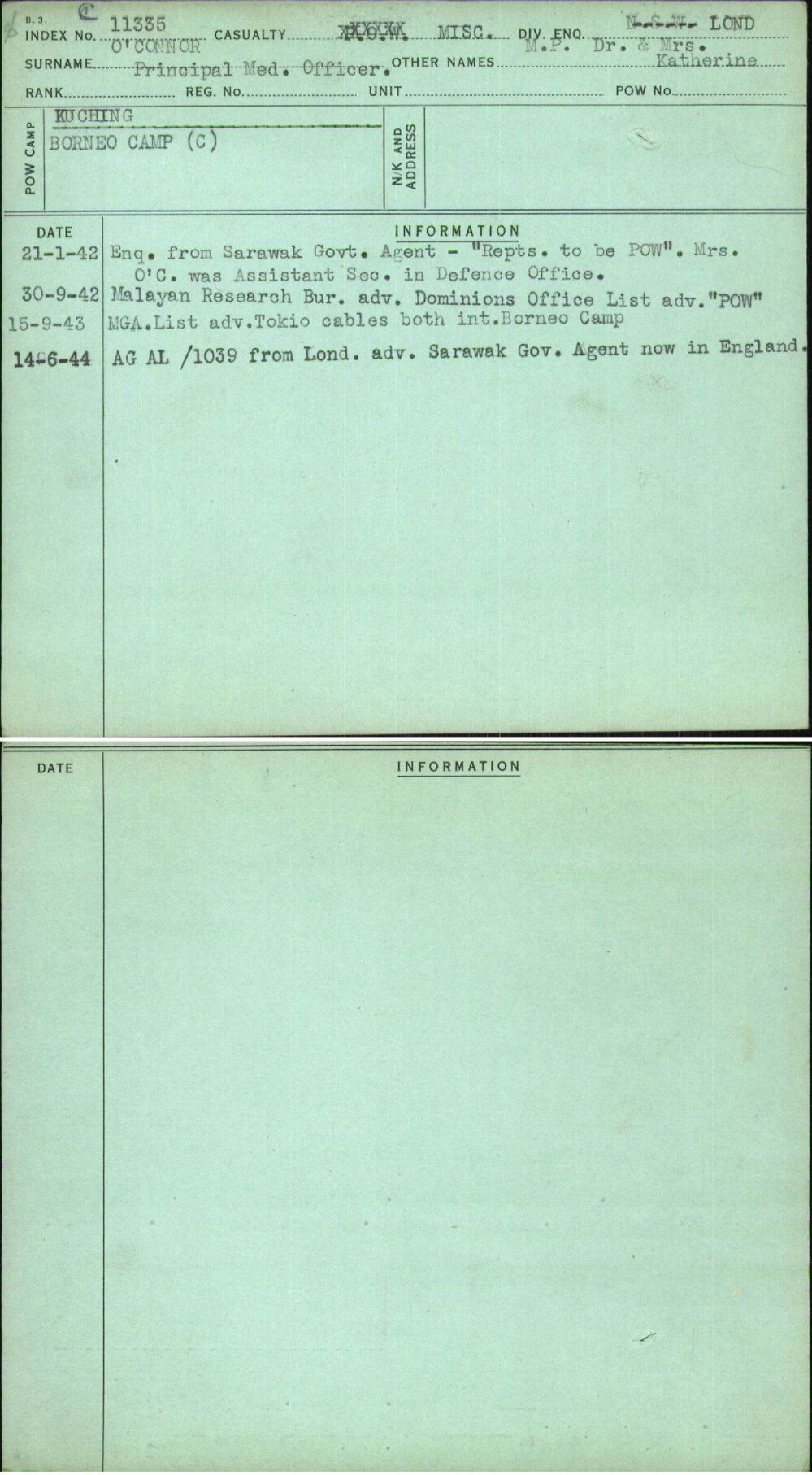 O'Connor, M P Dr &amp; Mrs Katherine, [No Service Number]
