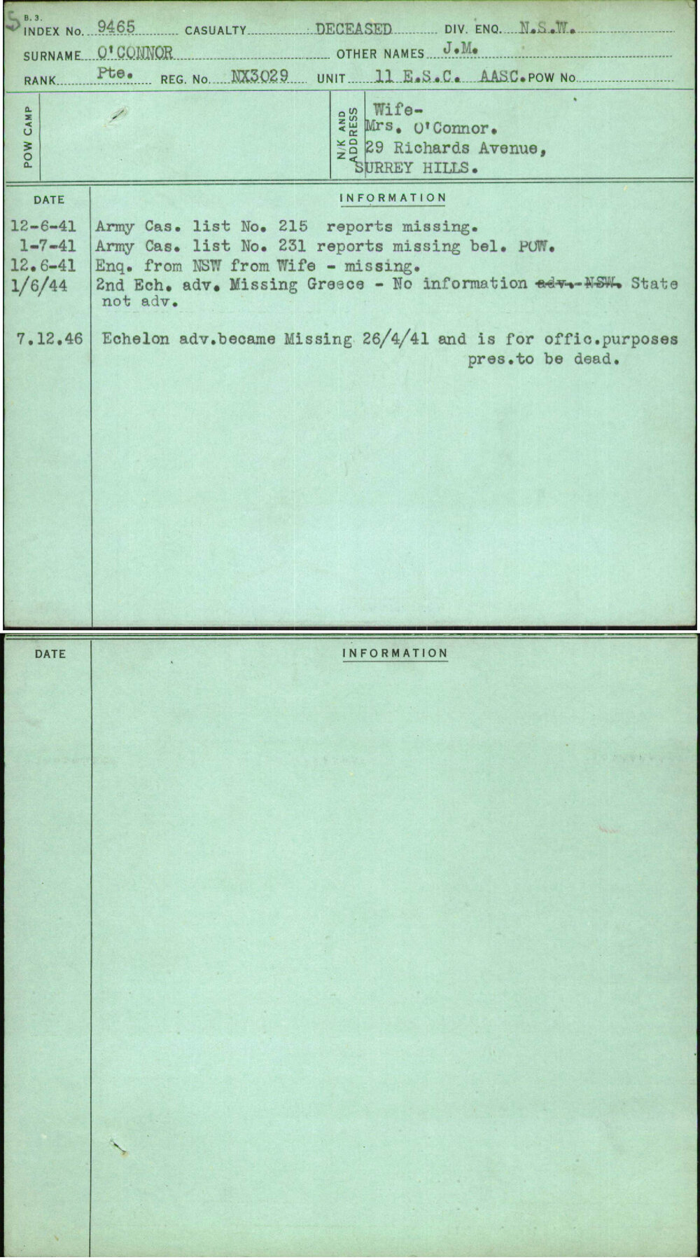 O'Connor, J M, NX3029