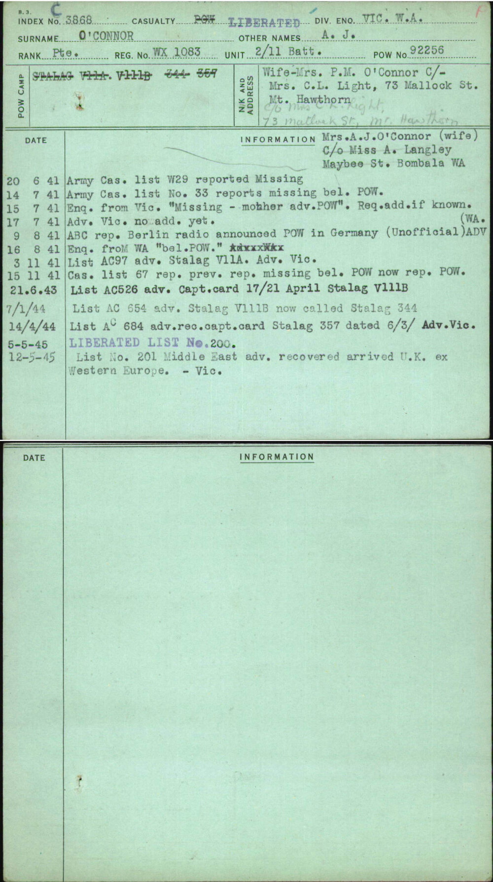 O'Connor, A J, WX1083