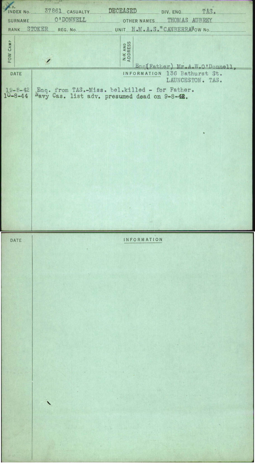 O'Donnell, Thomas Aubrey, [No Service Number]