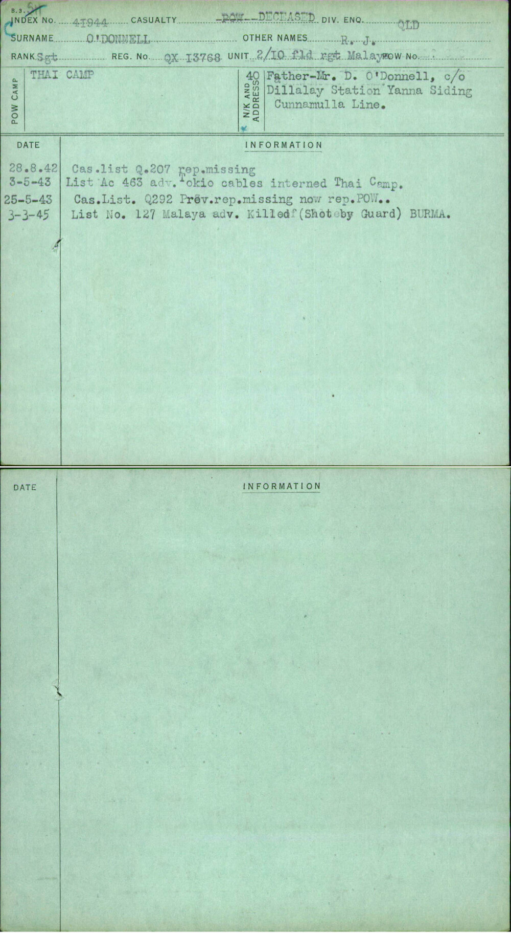 O'Donnell, R J, QX13768