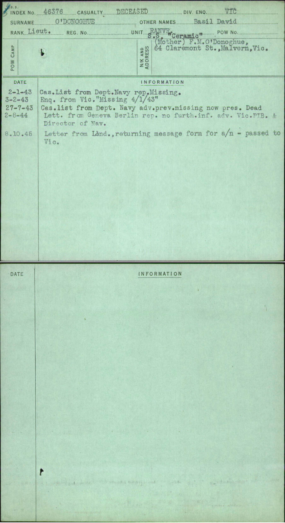 O'Donoghue, Basil David, [No Service Number]