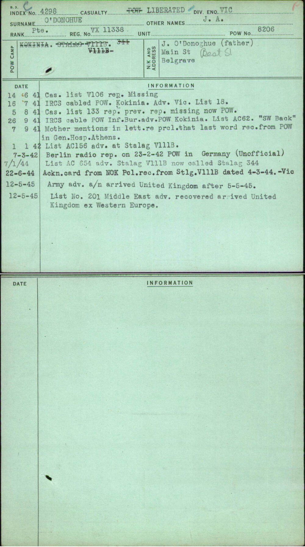 O'Donohue, J A, VX11338