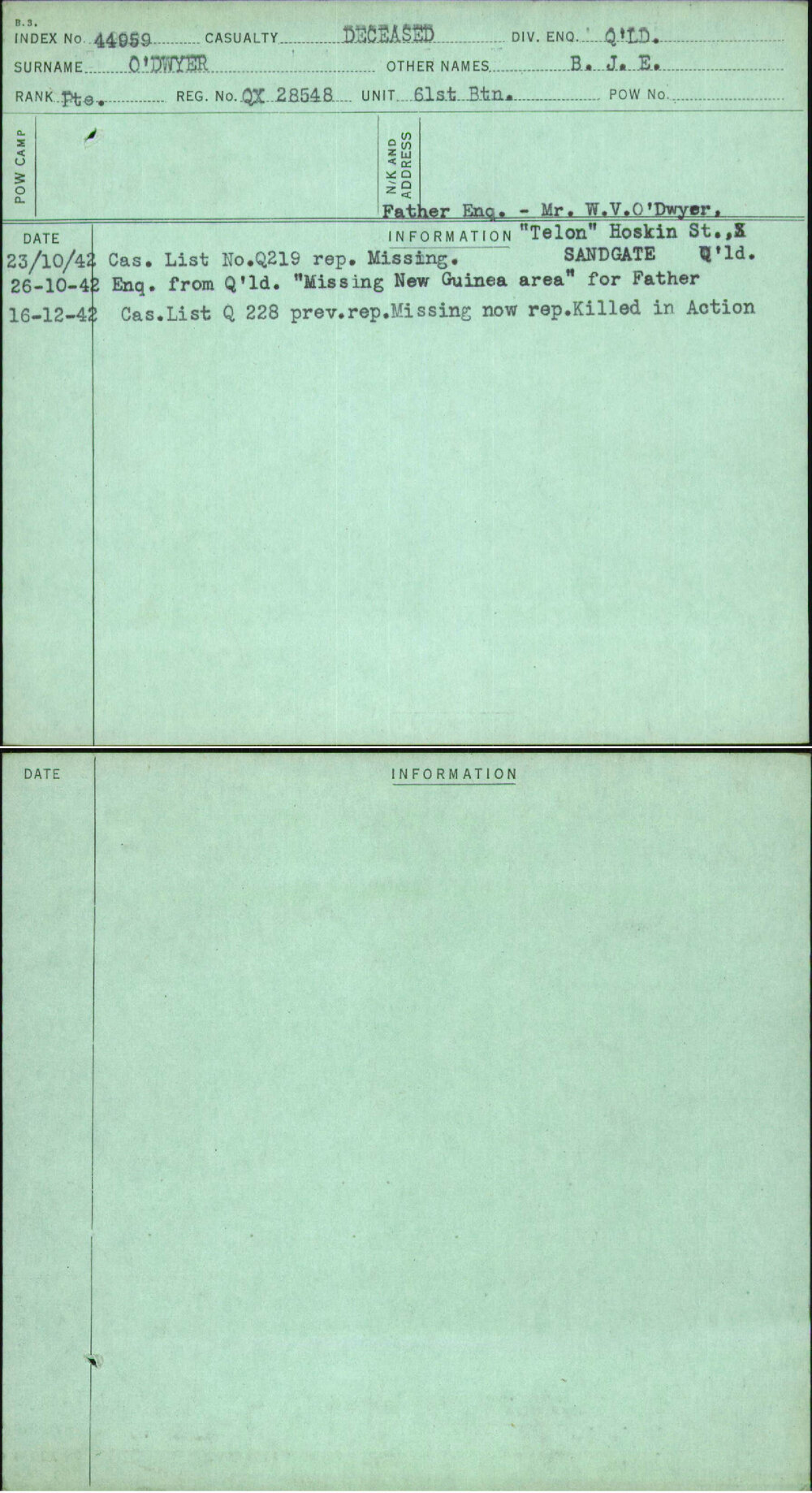 O'Dwyer, B J E, QX28548