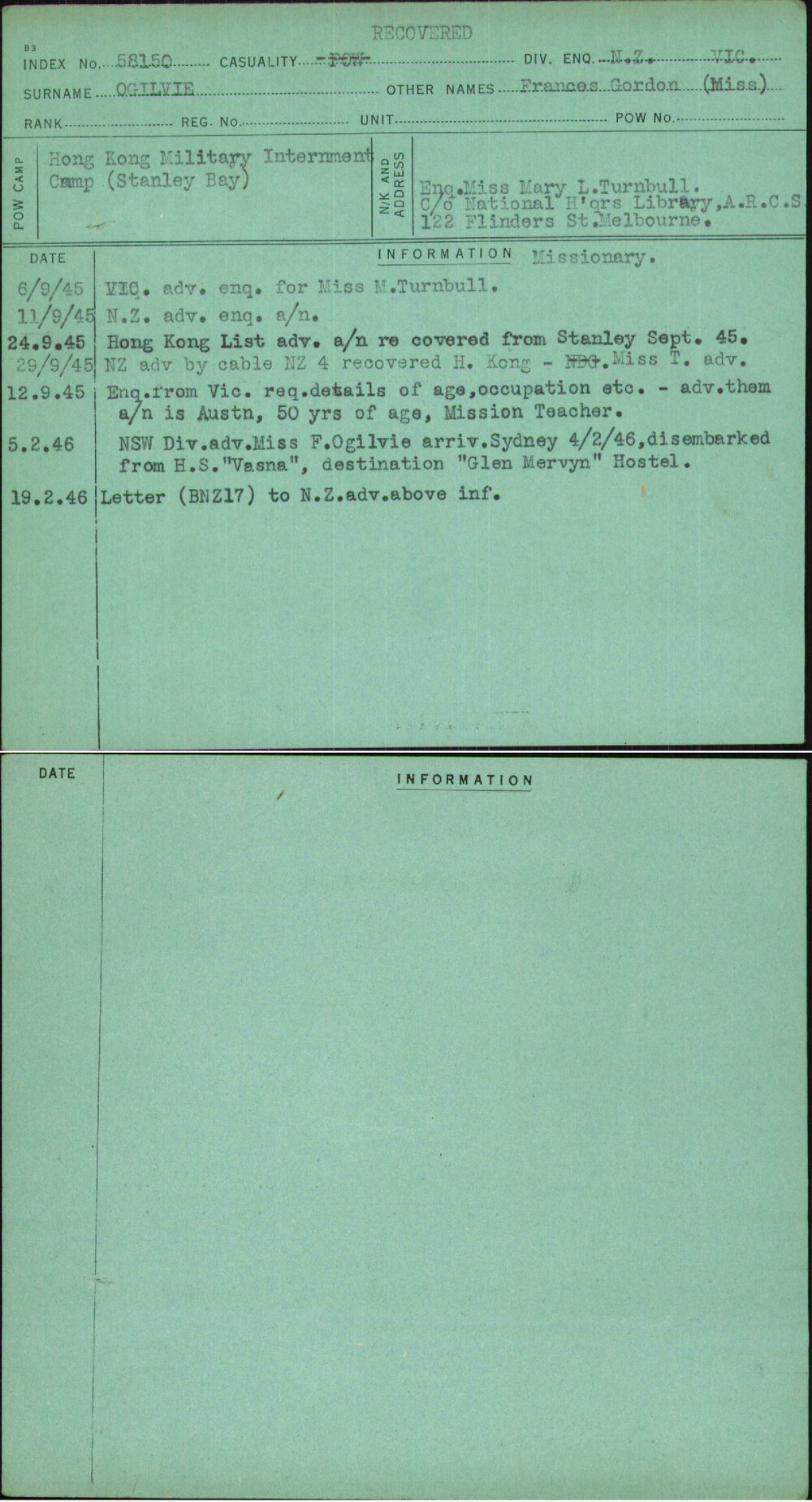 Ogilvie, Frances Gordon (Miss), [No Service Number]
