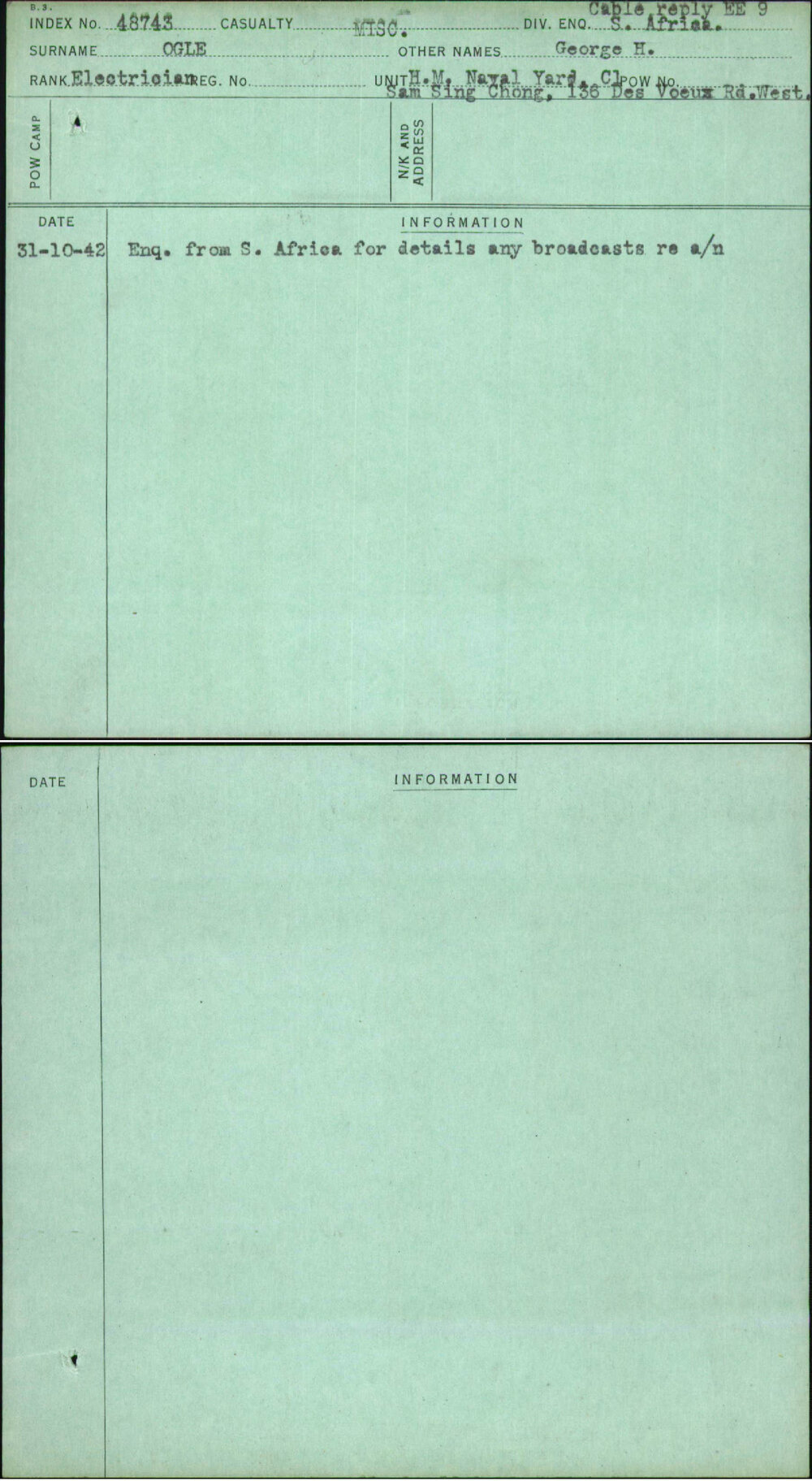 Ogle, George H, [No Service Number]