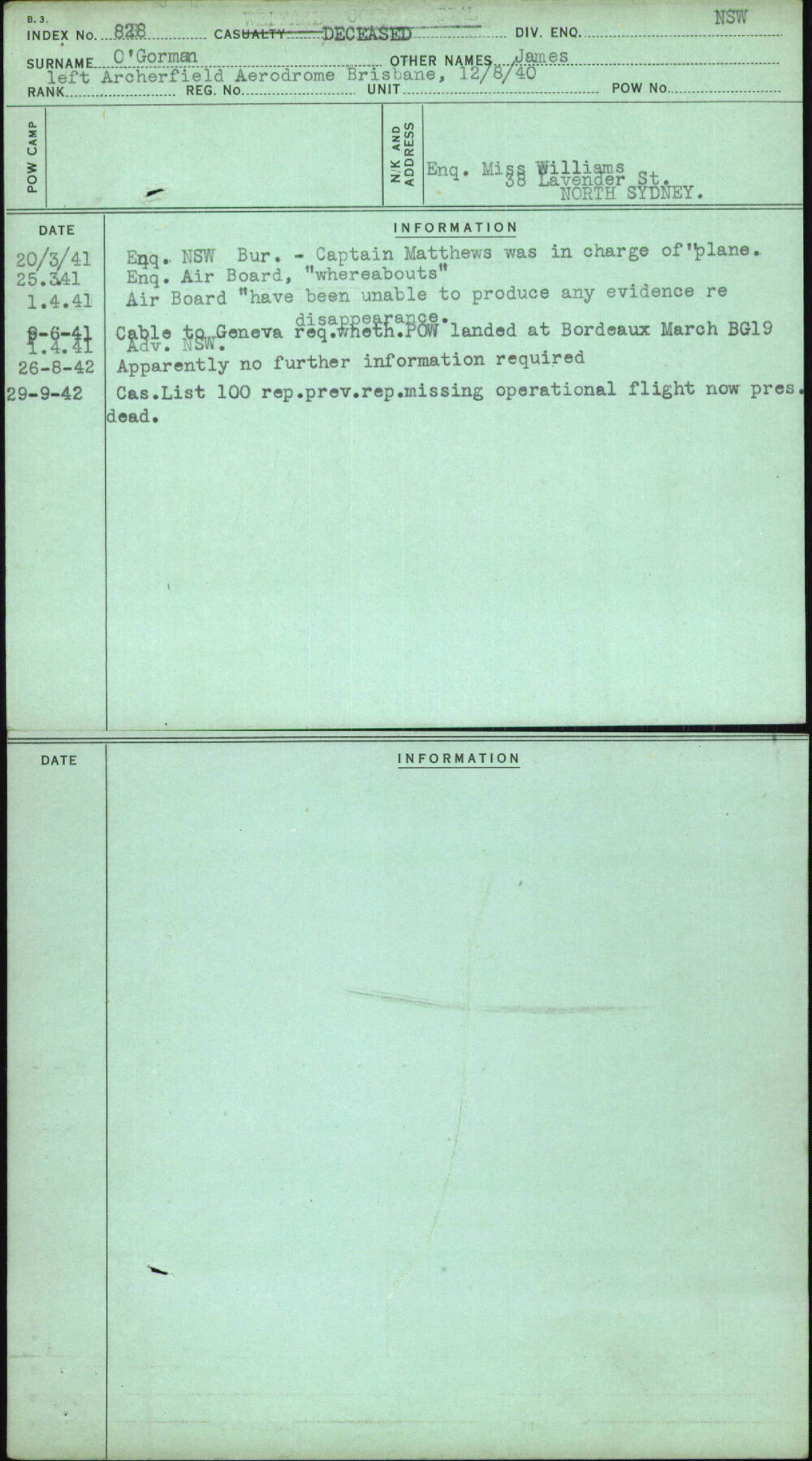O'Gorman, James, [No Service Number]