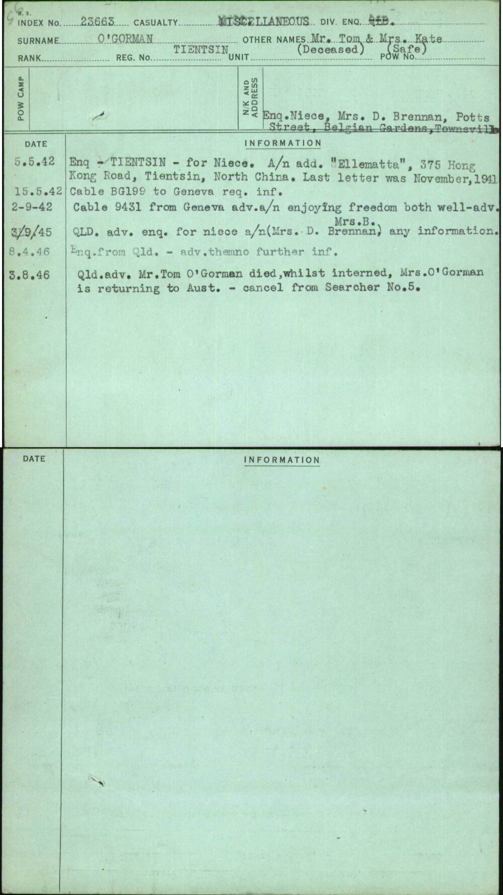 O'Gorman, Mr Tom &amp; Mrs Kate, [No Service Number]