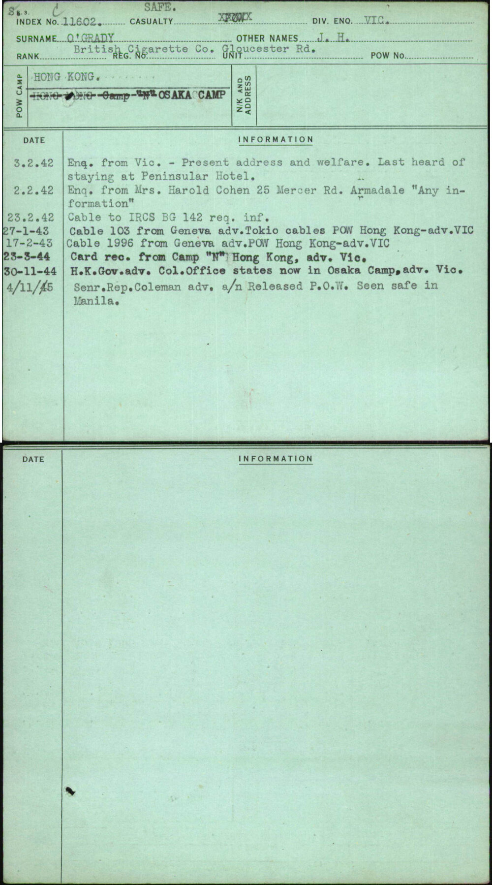 O'Grady, J H, [No Service Number]