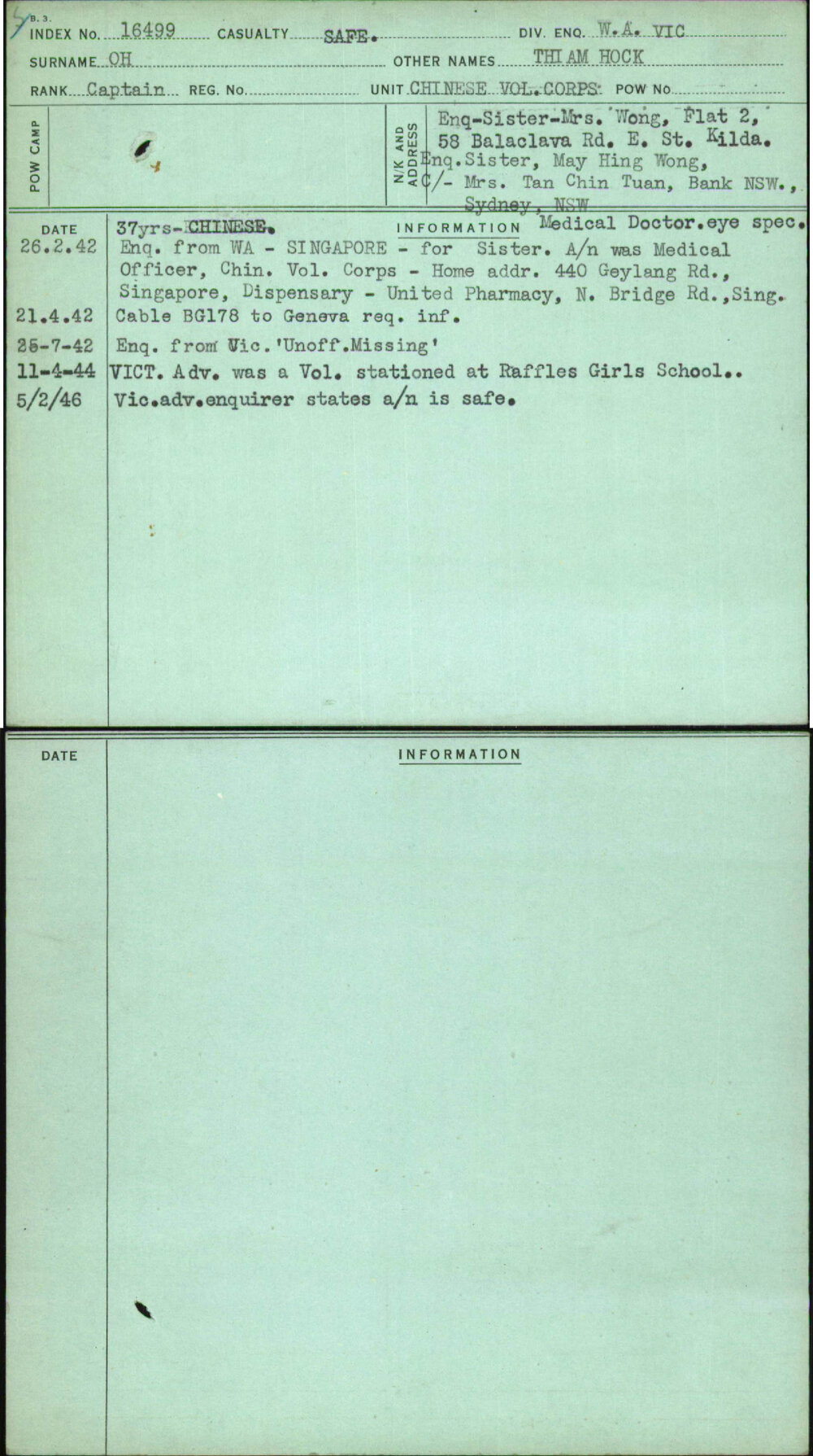 Oh, Thiam Hock, [No Service Number]