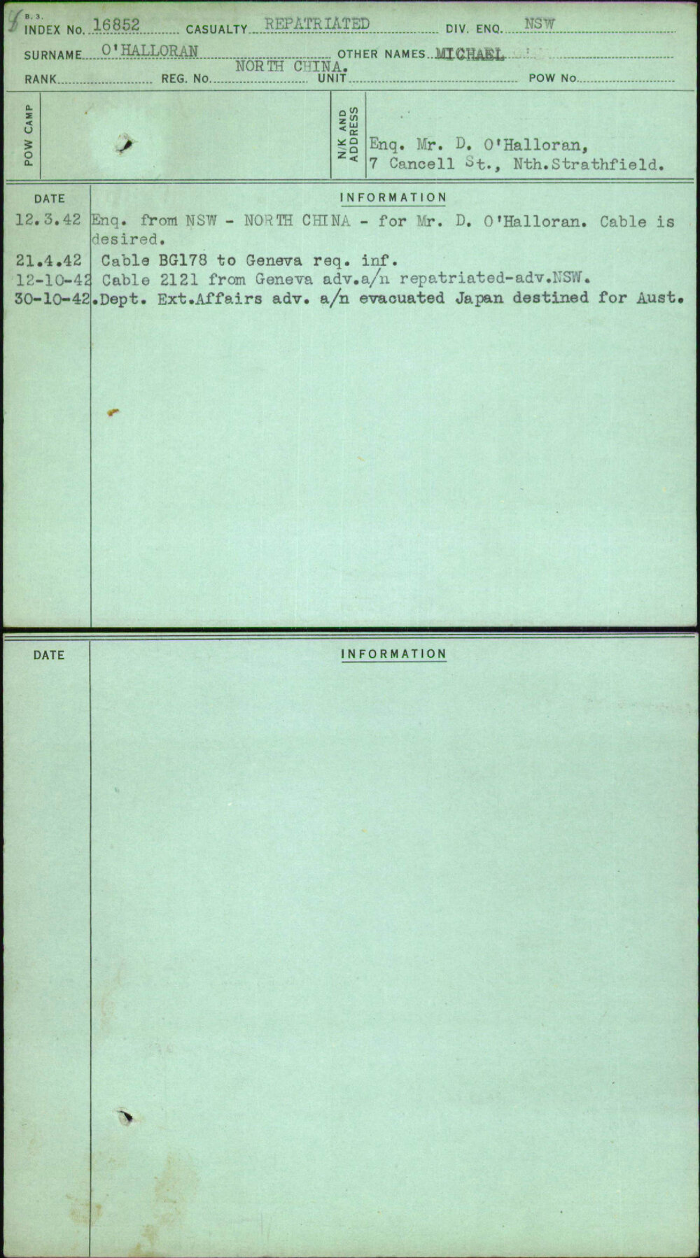 O'Halloran, Michael, [No Service Number]