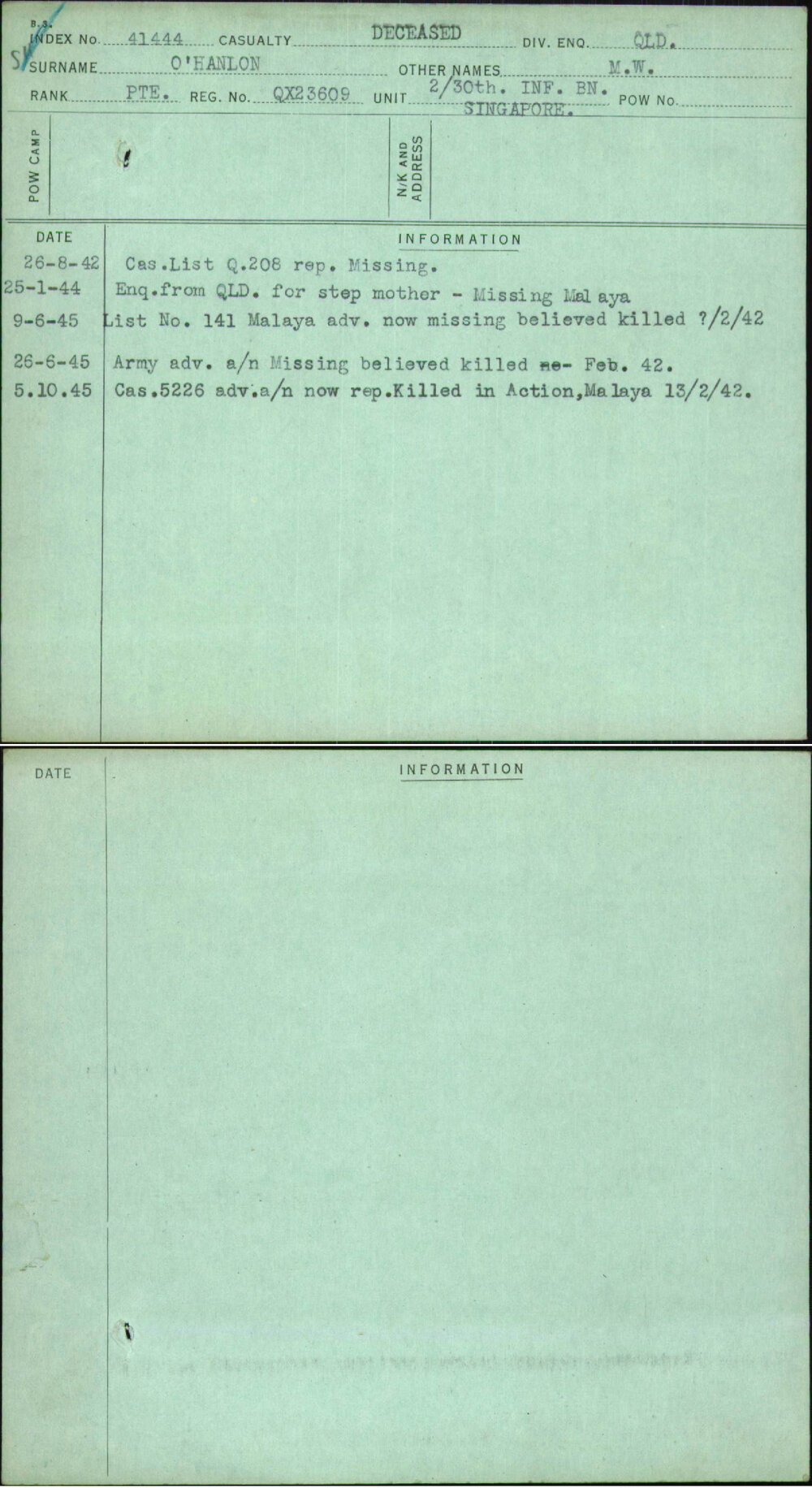 O'Hanlon, M W, QX23609