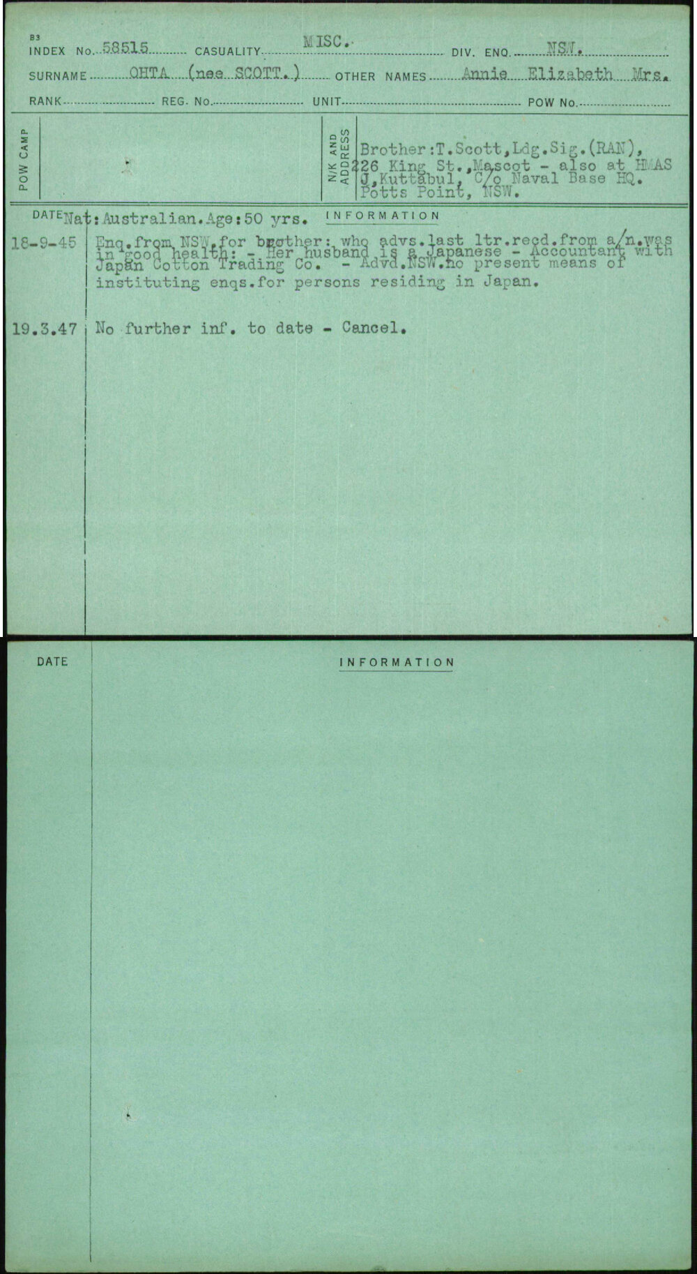 Ohta (Nee Scott), Annie Elizabeth Mrs, [No Service Number]