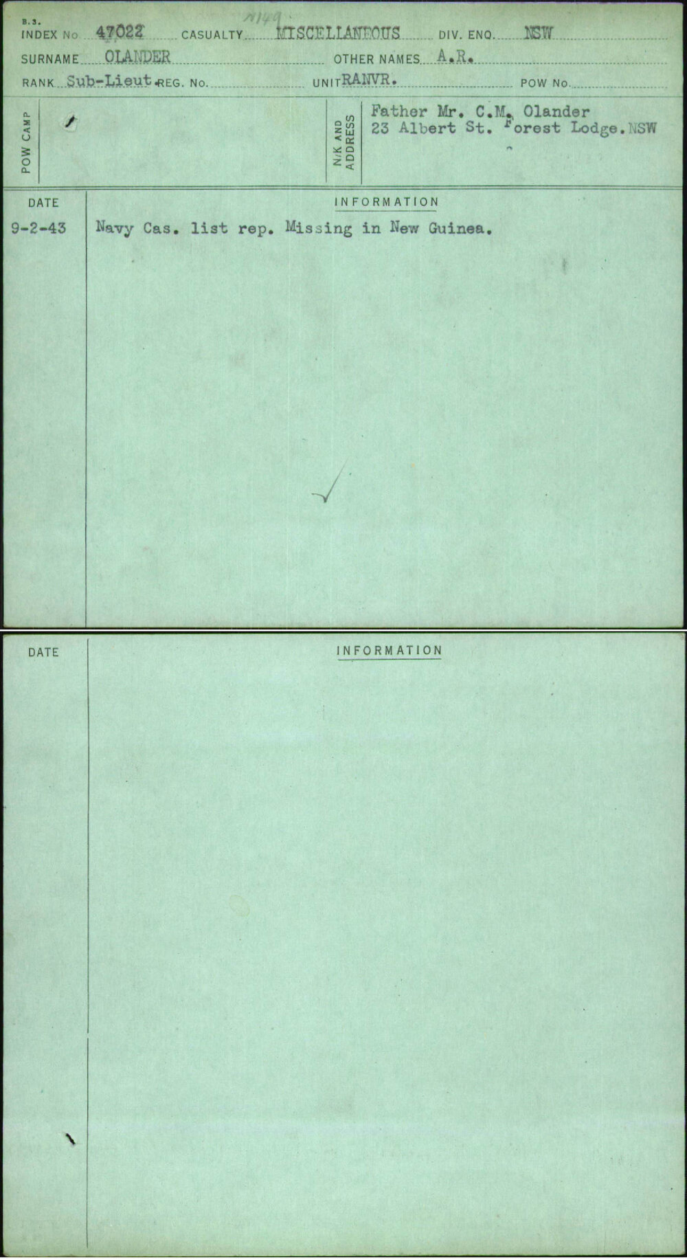 Olander, A R, [No Service Number]