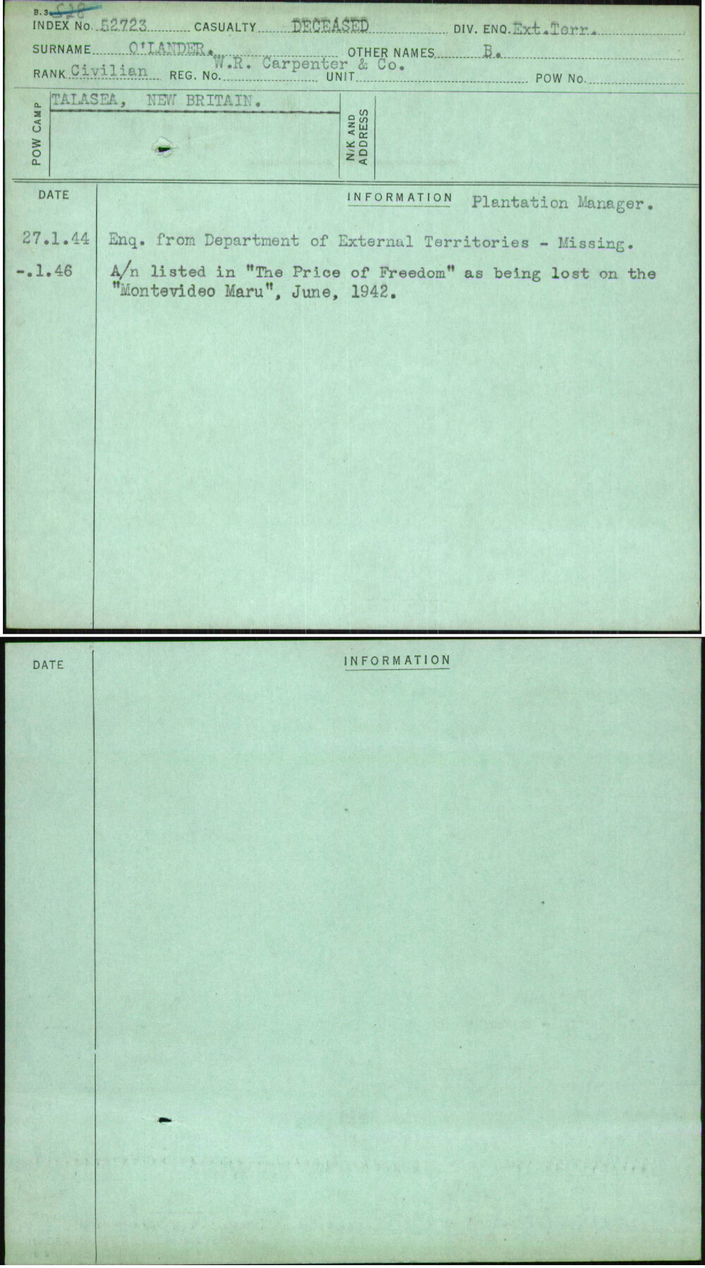 O'Lander, B, [No Service Number]