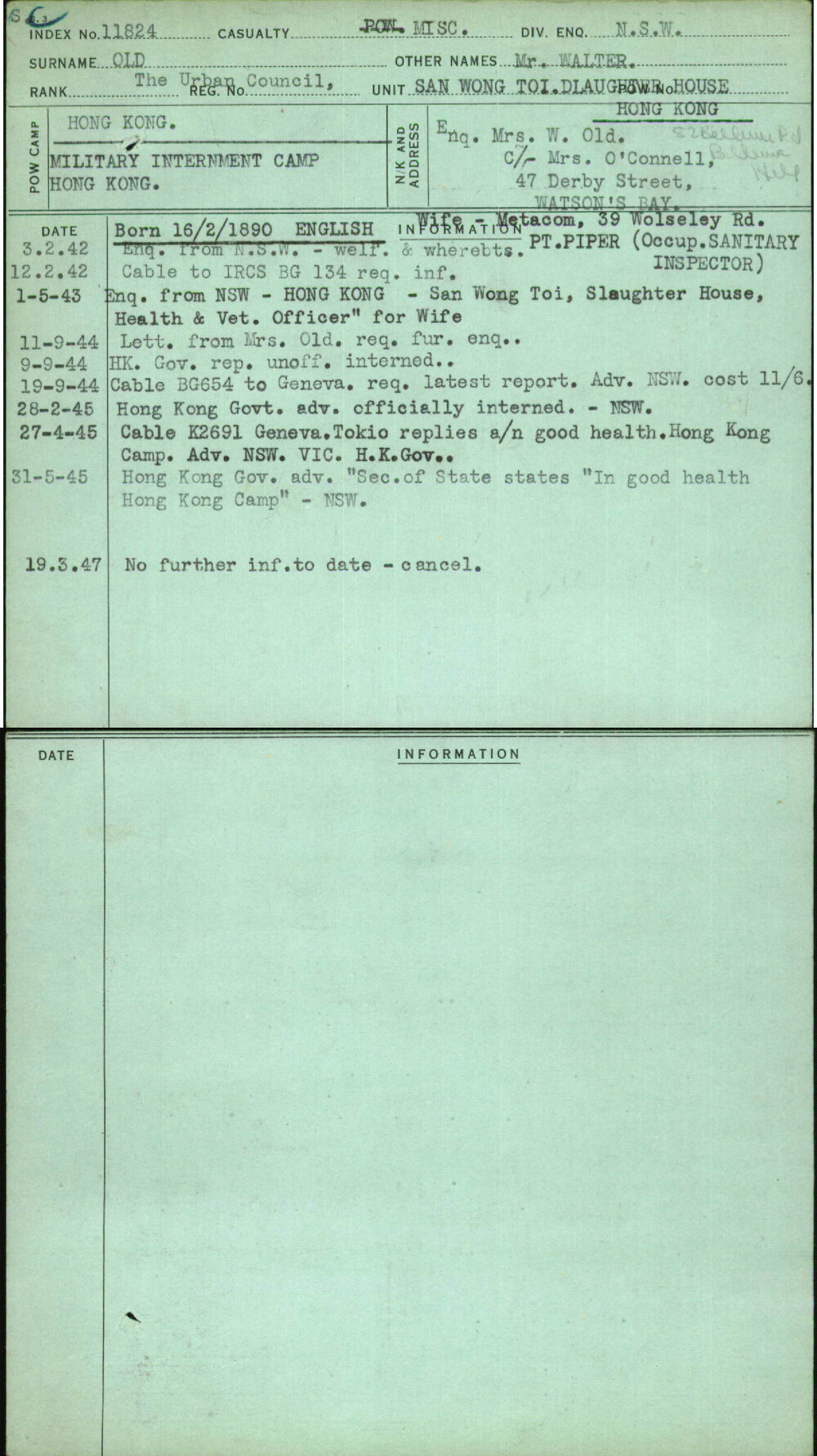 Old, Mr Walter, [No Service Number]