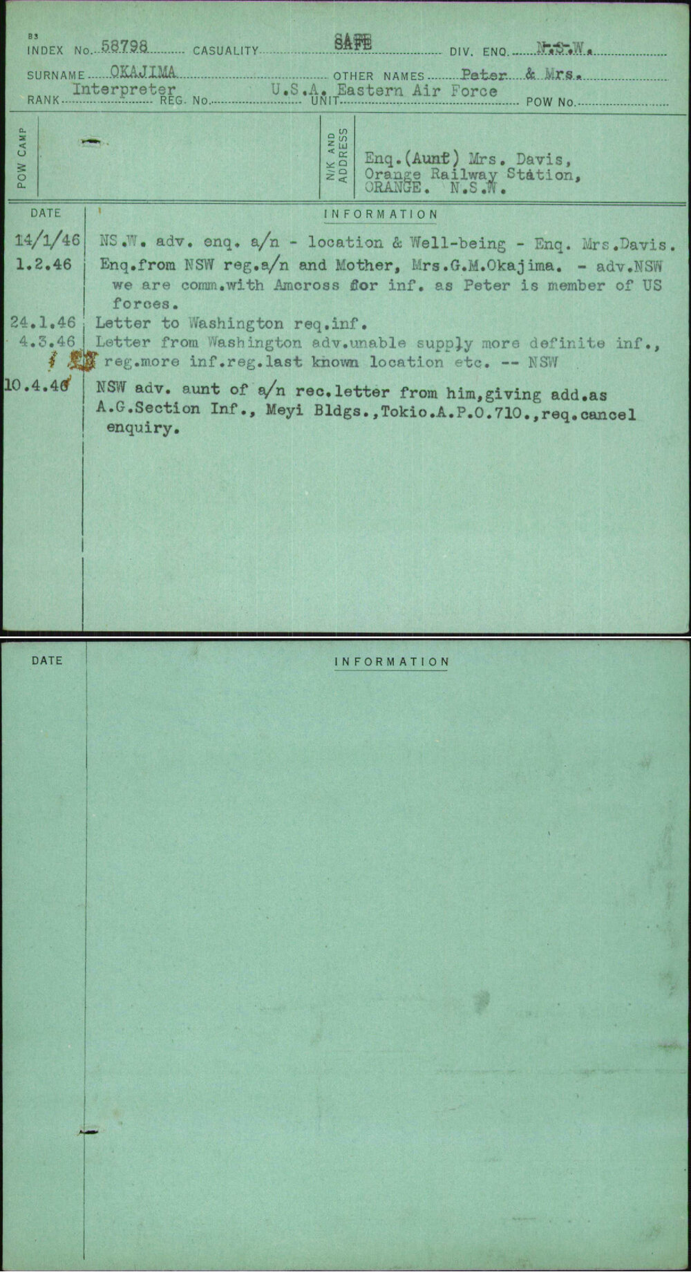 Okajima, Peter &amp; Mrs, [No Service Number]