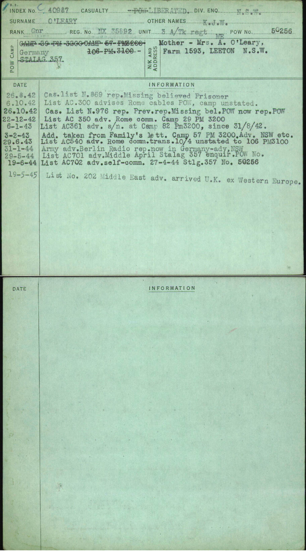 O'Leary, K J W, NX35892