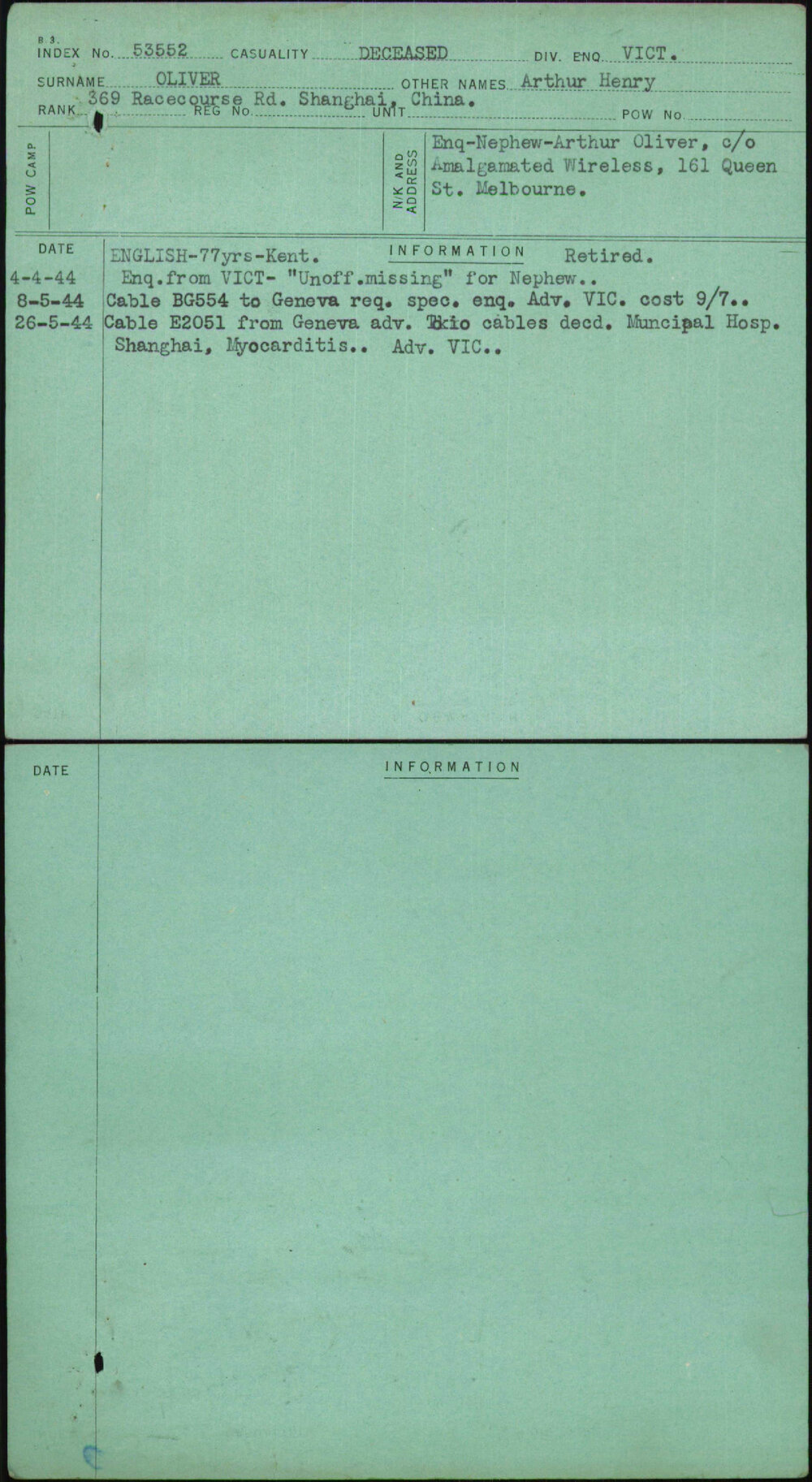 Oliver, Arthur Henry, [No Service Number]