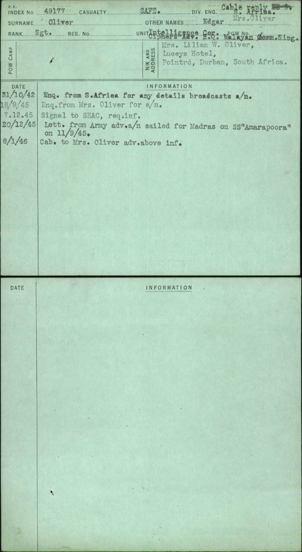 Oliver, Edgar, [No Service Number]