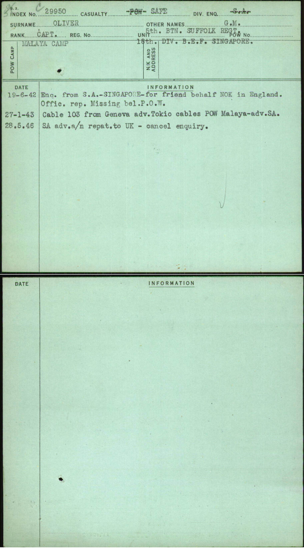 Oliver, G M, [No Service Number]