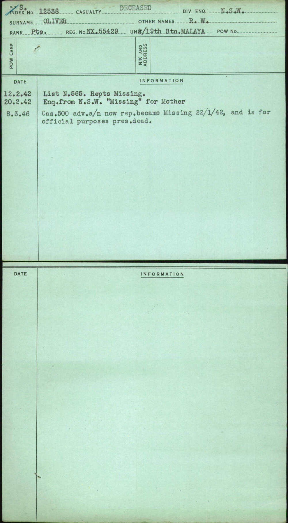 Oliver, R W, NX55429