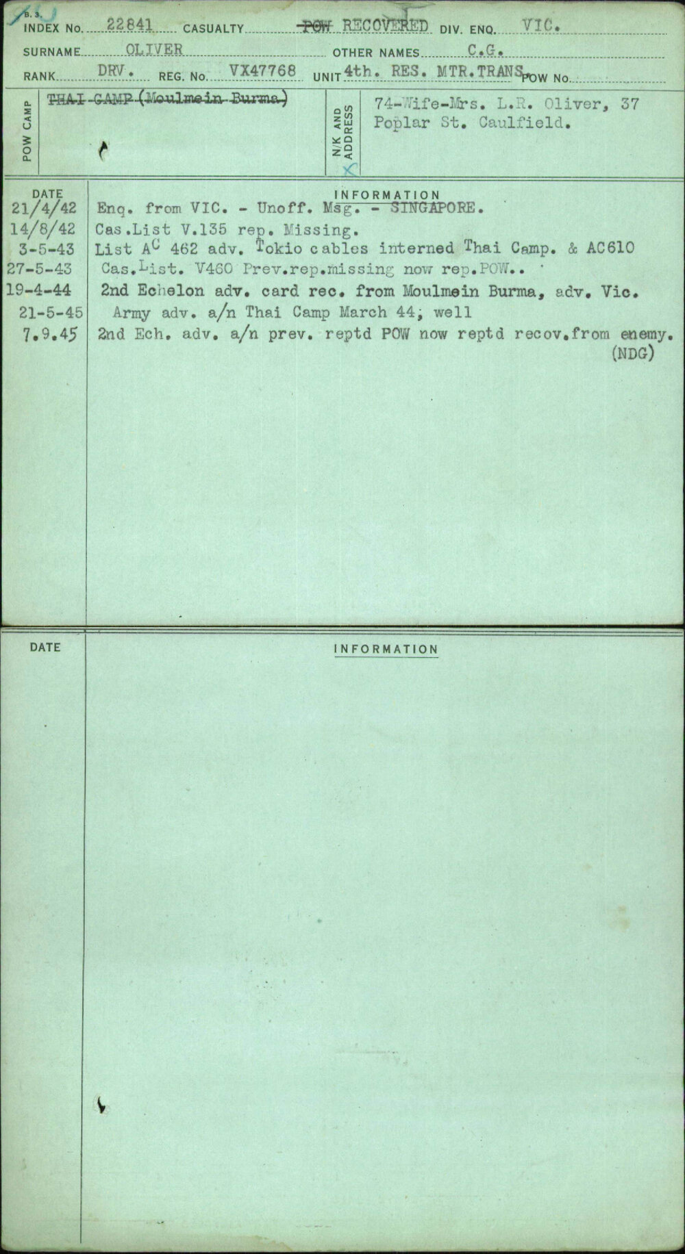 Oliver, C G, VX47768