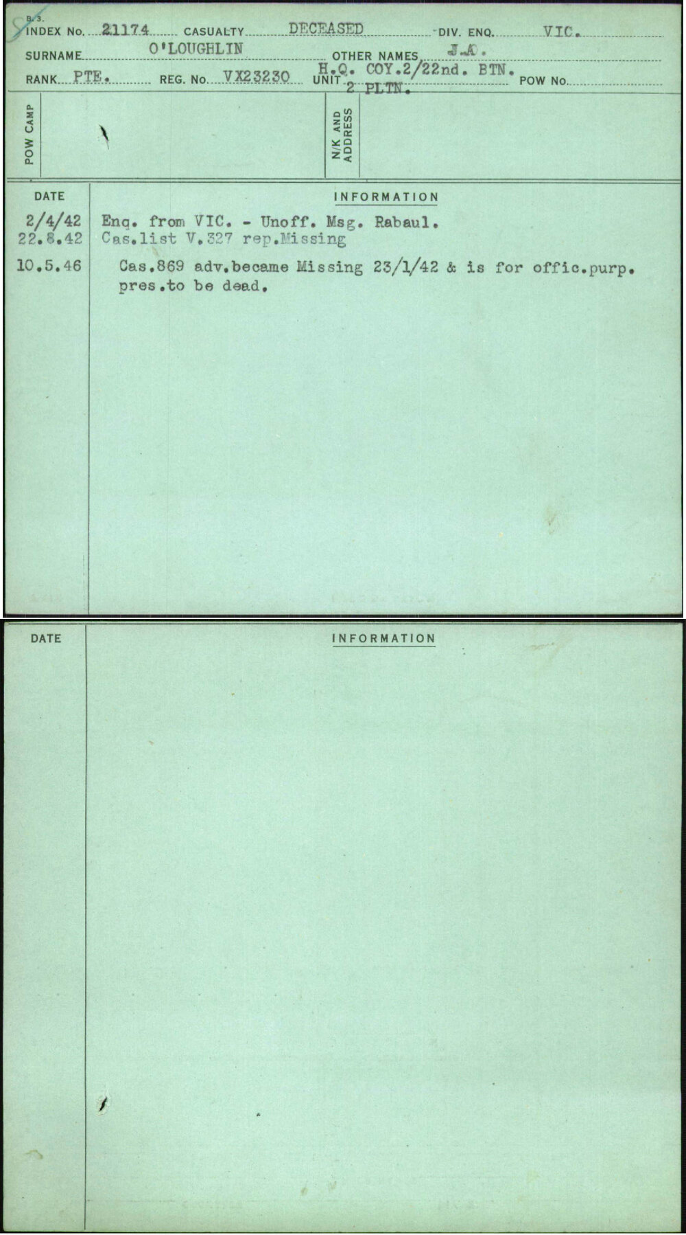 O'Loughlin, J A, VX23230