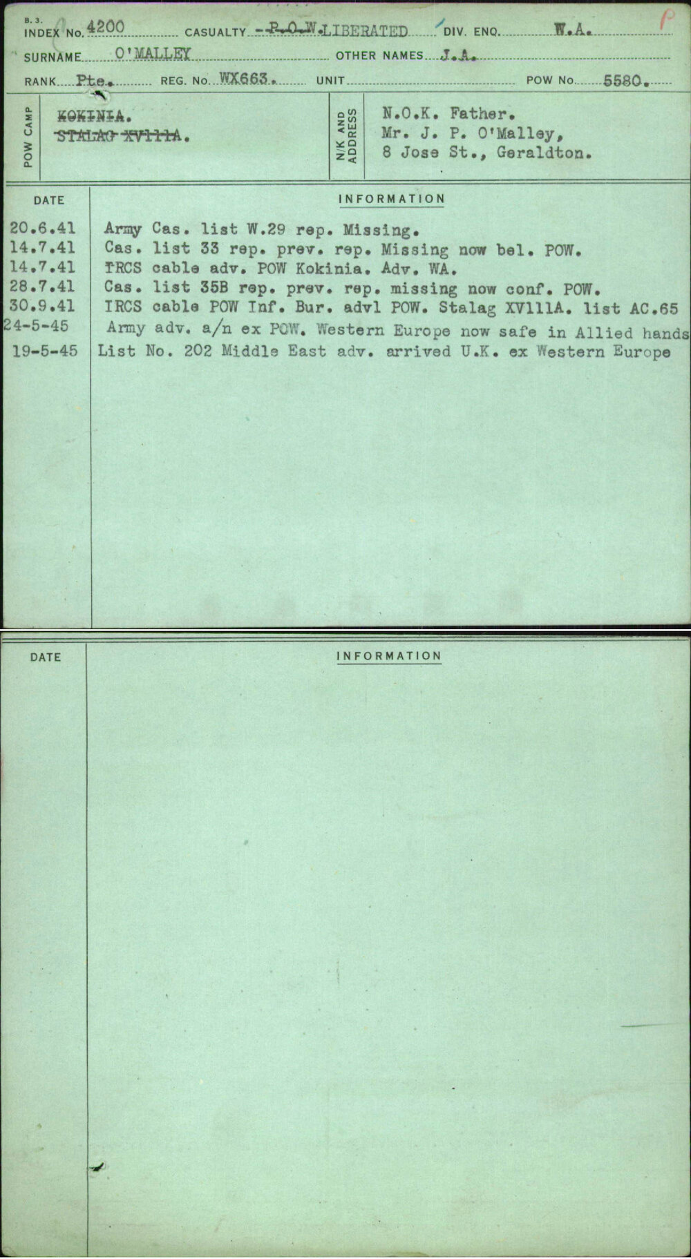 O'Malley, J A, WX663