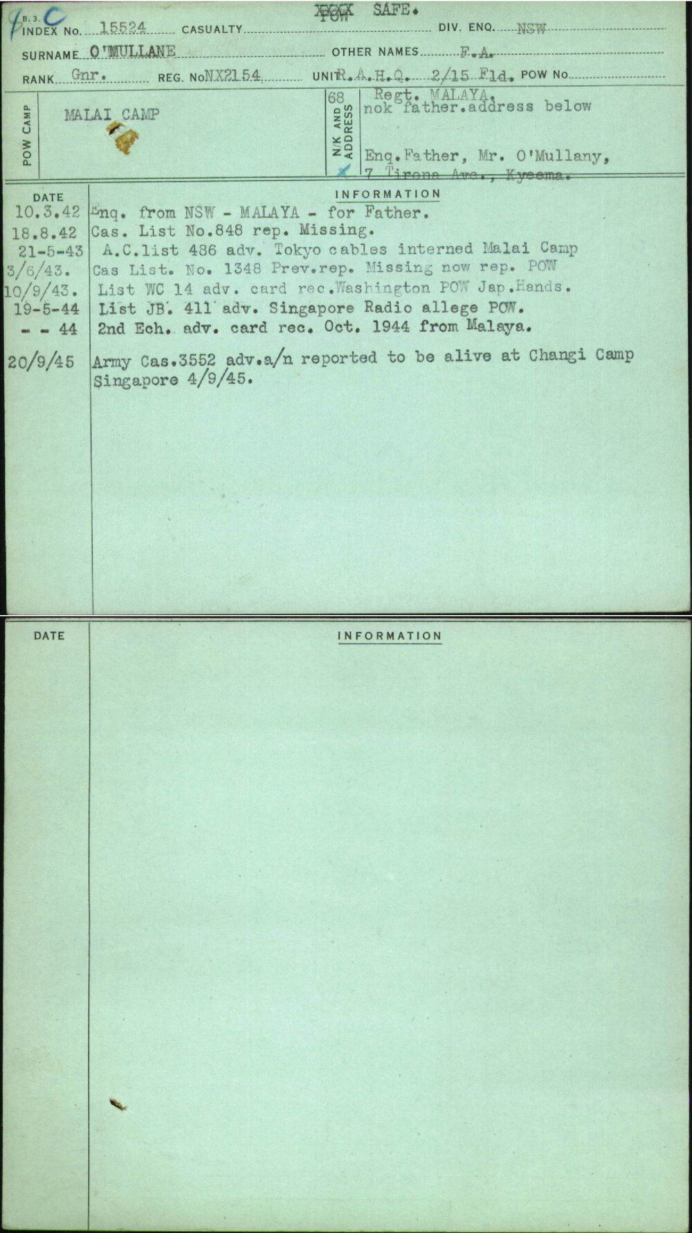 O'Mullane, F A, NX2154